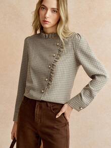 Écloséra Retro, Elegant, Versatile, Suitable For Commuting And Casual Wear, Bow-Tie Long-Sleeved Women's Autumn And Winter Top, Brown Elegant Autumn And Winter Blouse, Fashionable And Elegant Chic, Thanksgiving, New Year's