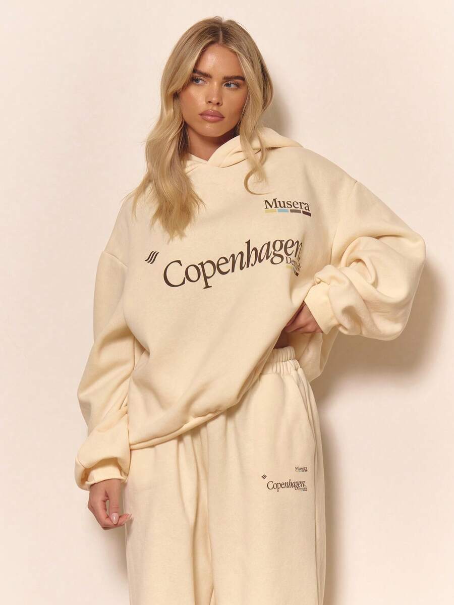 MUSERA Áo Hoodie Oversized in hình họa tiết dễ thương, cá tính, ấm áp, thường ngày, sạch sẽ, phong cách thường ngày, màu vàng bơ, phong cách đồng quê, quý tộc cổ điển, màu caramel, mùa xuân, ngày lễ tình nhân. - Vàng nhạt - Xem 1