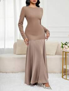 Veilorie Elegant Patchwork Design Mermaid Dress - Khaki - View 5