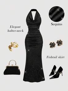 SHEIN MOD Sequin Fabric Party Dress With Scoop Neck And Ruched Design For Women Black Glitter Dress Sparkly Black Dress Black Sequin Dress Black Tie Event Dress Cruise Dinner Dress,Christmas Dress,Winter Dress Women,New Year Dress ,Party Dress,Wedding Guest Dress ,Elegant Dresses For Women ,Luxury Evening Dresses For Women - Black - View 5