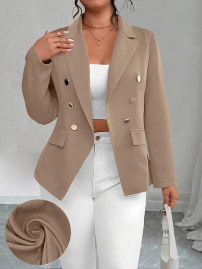 Elenzga 大码女式纯色双排扣束腰长袖西装外套