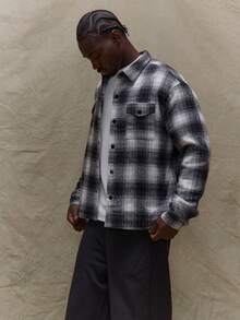 Musero Oversized Quilted Button Through Long Sleeve Checkered Shirt Jacket Fall Autumn Winter Shacket - Black and White - View 3