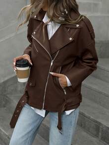 Aveloria Modichic Fashionable PU Leather Motorcycle Jacket For Women, New Slim Fit Stand Collar Long Sleeve Short Bomber Coat, Spring & Autumn  - Coffee Brown - View 4