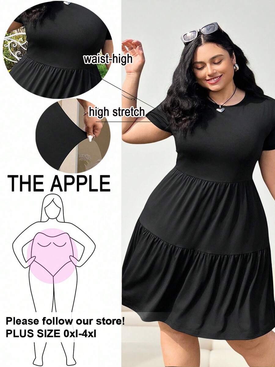 Solflare Black Short Sleeve Loose Fit Plus Size T-Shirt Dress,Spring Summer Clothes - Black - View 1