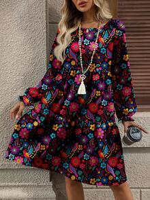 EMERY ROSE 休闲复古印花宽松圆领大码女式长袖连衣裙，适合日常通勤、嬉皮风、波西米亚风，碎花连衣裙，春夏度假必备。 - 彩色 - 查看 5