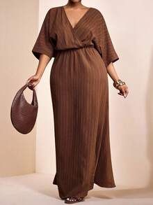 Veslaya Plus Size Women's Solid Color Overlap V-Neck Batwing Sleeve Casual Dress