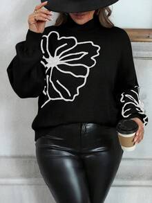 SHEIN Clasi Plus Size Floral Pattern Colorblock Turtleneck Long Sleeve Sweater Fall Winter - Black and White - View 1