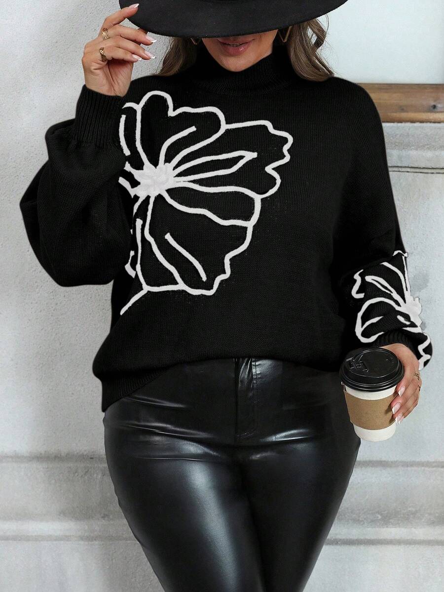 SHEIN Clasi Plus Size Floral Pattern Colorblock Turtleneck Long Sleeve Sweater Fall Winter - Black and White - View 1