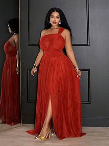 Slaydiva 2025 Spring, Summer, Autumn, Winter New Music Festival, Easter, Western, Nomadic Style Birthday Party, Casual, Leisure, Cruise Travel, Beach, Sunbathing Viral Sensation Rust Red High Slit Western Chiffon Maxi Dress, Sexy Elegant Plus Size Dress