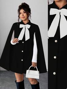 Elenzga Fashionable Casual French Retro Elegant Pearl Button Bow Cloak Overcoat