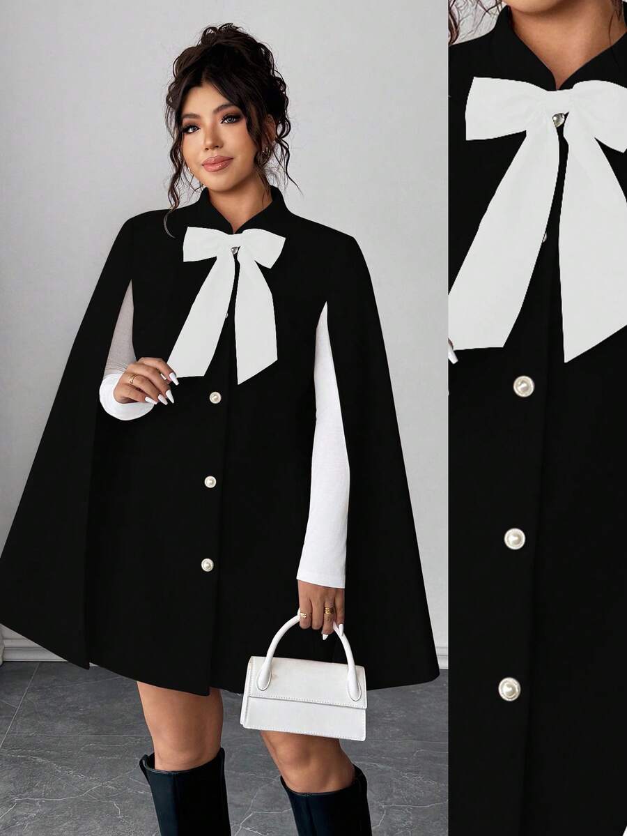 Elenzga Fashionable Casual French Retro Elegant Pearl Button Bow Cloak Overcoat