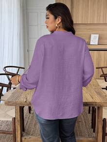 SHEIN LUNE Áo cánh tay bèo xếp nếp cổ chữ V họa tiết hoa thêu cỡ lớn thời trang cho nữ - Màu tím - Xem 2