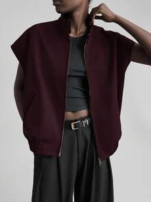 Ontre Áo khoác nữ dáng rộng cổ đứng màu trơn 2026SS, trang phục công sở thường ngày, phong cách tối giản cá tính, áo khoác mùa đông cho nữ, hơi hướng cổ điển. - Màu Đỏ Sâu - Xem 5