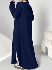 Al Najma Áo choàng Abaya Ả Rập dài có mũ trùm đầu, dây rút màu trơn thường ngày dành cho nữ, mùa xuân và mùa thu, Áo nỉ dài mặc thường ngày cho người Hồi giáo, Áo choàng Abaya, Thích hợp mặc hàng ngày/đến trường/du lịch - Màu xanh hải quân - Xem 2