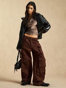 Easelle 咖啡棕色梭织女式休闲宽松工装裤，百搭时尚的街头服饰 - 摩卡棕 - 查看 6