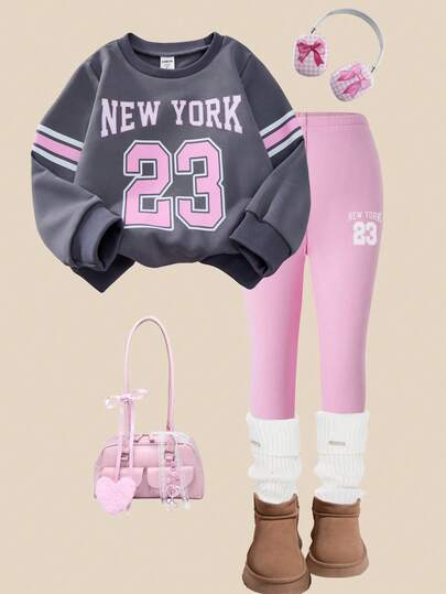 SHEIN Explorewe Tvådelat set för unga flickor: Vanlig tjock streetchic hoodie + termofodrade leggings, grafisk dekor med numeriska mönster och bokstäver, söt och cool outfit, lämplig för vardag, sport, utomhusbruk på vår och höst