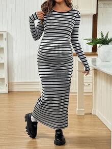 SHEIN Maternity Round Neck Raglan Long Sleeve Fitted Striped Dress - Black and White - View 3