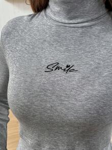 SHEIN Top de lactancia casual con cuello alto y bordado de letras, otoño/invierno - Gris - Ver 8