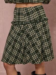 COUREZ Frill Insert Pleated Check Skirt /Y2K Fall Winter Clothes Going Out Outfit For Women Midi Skirt Winter Clothes Winter Skirt 2 Piece Cute Cottagecore Outfits