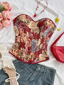 Soleia Áo corset kiểu bustier dệt jacquard hoa văn cổ điển nhiều màu sắc dành cho nữ của , áo ống hoa, áo corset nữ, áo liền thân không dây kiểu vintage, phong cách boho cho kỳ nghỉ, tiệc tùng, có thể mặc trong nhà hoặc ngoài trời, bộ đồ đi biển, thích hợp cho kỳ nghỉ, hẹn hò, trà chiều, bãi biển, du thuyền, du lịch thành phố, lễ hội âm nhạc, ngày Valentine, áo ngực hoa hồng, áo đỏ. - Đỏ - Xem 8