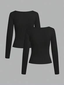 SHEIN EZwear Bộ 2 áo thun dài tay cổ vuông ôm vừa vặn, thích hợp cho mùa thu/đông - màu đen - Xem 2