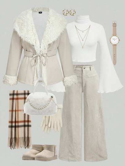 SHEIN MOD 大码女式仿皮草拼布中长夹克