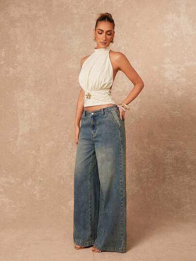 Lumalex Early Spring Metal Decor Sleeveless Turtleneck Backless Ruched Women Camisole Luxury Prom Gathering Party Banquet Modest Old Money Coquette Glitter Holiday Party Rave Festival Outing Vacation Hot Outdoor Richly Layered Wedding Season Banquet Christmas New Year Looks Of Party Gala Night Party Dress For Autumn Early Spring