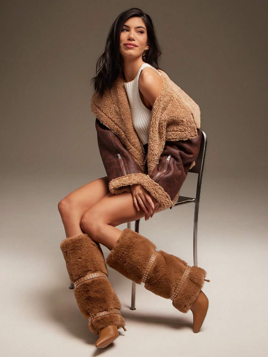 SHUZIA Giày bốt cao đến đầu gối mũi nhọn lông vũ quyến rũ dành cho nữ, ấm áp, thoải mái vào mùa đông - Lạc đà - Xem 1