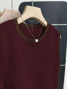 Franclia 女式休闲宽松圆领无袖针织撞色饰边卡其色毛衣上衣，春秋季 - 棕色 - 查看 4