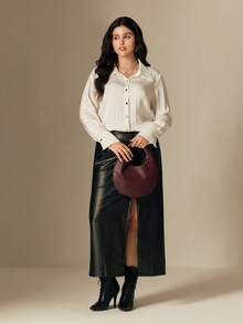 SHEIN LUNE Camisa de satén con botones metálicos, casual/oficina, talla grande - Blanco - Ver 5