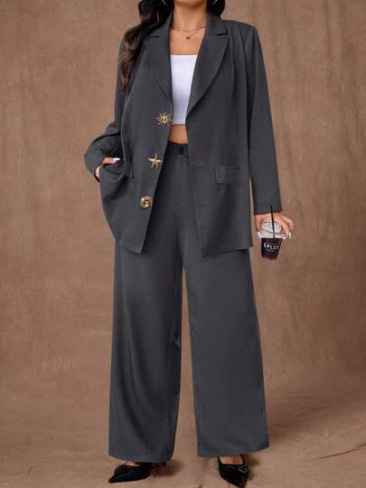 Rustia Plus Size Women's Lapel Blazer + Straight Leg Pants Suit, Elegant Vintage Casual Office Wear Two Pieces Set, Autumn/Winter