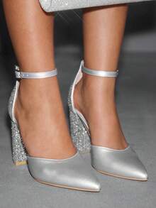 CUCCOO SZL Fashionable Pointed Toe Thick High Heel Silver Glitter Ankle Strap Women's High Heel Pumps, Hollow Out Sexy Elegant Party Dress Shoes For Christmas - Silver - View 7