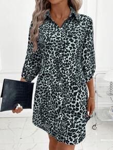SHEIN Clasi Women's Leopard Print Shirt Collar Cardigan Short Dress, Suitable For Daily Commute And Multiple Occasions, Autumn - Grey - View 4