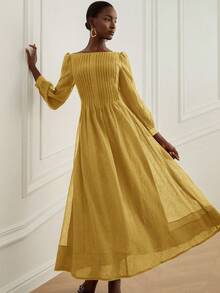 Chiquease Novo vestido romântico vintage para festa do chá, caimento solto e elegante, design franzido com ombros de fora, tecido transparente leve, mangas bufantes, cor sólida - Amarelo - Ver 7