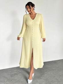 Firerie 大码优雅度假V领泡泡下摆松紧腰长袖开衩下摆女士休闲连衣裙，秋冬 - 黃色 - 查看 2