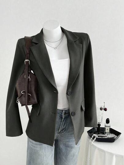 Elamini 女士休闲/办公室通勤简约纯色翻领西装外套