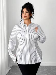Elenzga Camisa a rayas elegante, casual y versátil para mujer de talla grande, adecuada para primavera y otoño - Blanco - Ver 3