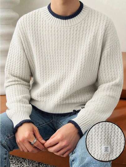 SHEIN Teen Boys' Cream-White Floral Knit Patchwork Contrast Detail Sweater, Casual Collegiate Comfortable & Fashionable, Versatile & Soft Fabric, Suitable For Daily Wear, School, Outings, Outdoor Activities, Fall Autumn And Winter Clothes, Christmas And New Year Party Wear, Holidays, Parties Knit Sweater Crew Neck Sweater Sweaters For Teen Boys Knitwear Basic Wear