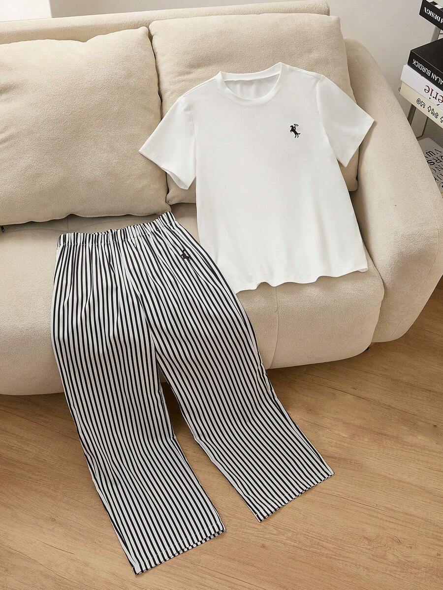 Sparklyn 女童白T恤+休闲条纹直筒裤舒适2件套 - 白色 - 查看 1