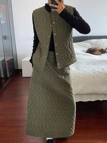 DAZY 2pcs Women Solid Color Quilted Loose Crew Neck Sleeveless Jacket And A-Line Long Skirt Set, Autumn/Winter Lounge Sets For Women - Green - View 1