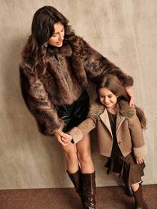 SHEIN Young Girls Fluffy Faux Thermal Lined Long Sleeve Jacket, Casual Loose Fit Outerwear, Autumn/Winter