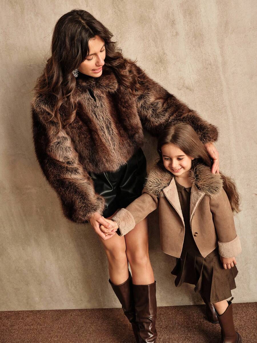 SHEIN Young Girls Fluffy Faux Thermal Lined Long Sleeve Jacket, Casual Loose Fit Outerwear, Autumn/Winter