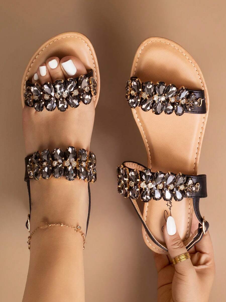 Sandalias planas de verano de mujer con cordones de encaje, suela gruesa antideslizante de espuma, zapatos de moda con cuerda cruzada versátil para uso casual, playa, exterior y hogar, con puntera redondeada y hebilla, material de espuma de unicolor, talla un número talla grande grande - Negro - Ver 1