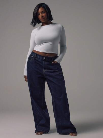 MUSERA Plus Size Contrast Stitch Wide Leg Denim Jeans Fall Autumn Winter Everyday Streetstyle Casual Capsule Wardrobe Flattering