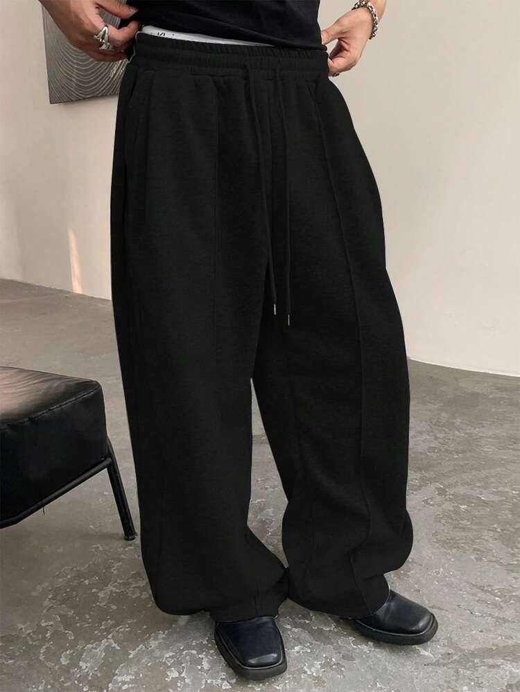 Claim Dot Pantalones deportivos holgados de cintura con puños, con costuras frontales, para hombre, estilo casual de calle - Negro - Añade 3