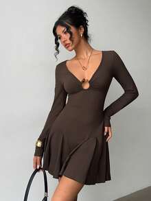 Jeanoix Women's Solid Color Minimalist Long Sleeve Casual Dress