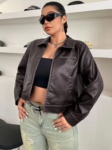 SHEIN EZwear Plus Size Vintage Distressed PU Contrast Stripe Zipper Casual Jacket, Autumn Winter Brown Leather Jacket Women Y2k Jacket Women Brown Jacket Motorcycle Women Cropped Leather Jacket - Brown - View 5