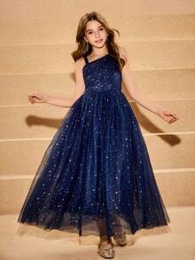 优雅奢华的海军蓝露背金属网眼长款修身无袖连衣裙，适合少女穿着，适合晚会、圣诞节、万圣节、返校、毕业典礼、表演、度假、婚礼、花童、舞会 - 藏蓝色 - 查看 8