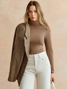 Écloséra Women's Everyday Commuting High-Neck Long-Sleeved Slim-Fit Thermal Lined Houndstooth Blazer, Autumn And Winter Two-Piece Suit Set, Elegant Women's Outfit, Fashionable And Chic Thanksgiving Outfit, New Year's Clothing, Brown Elegant Outfit For Going Out.