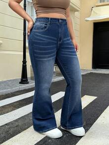 SHEIN ICON Plus Size Women Casual High Waist Washed Flare Leg Jeans - Dark Wash - View 5